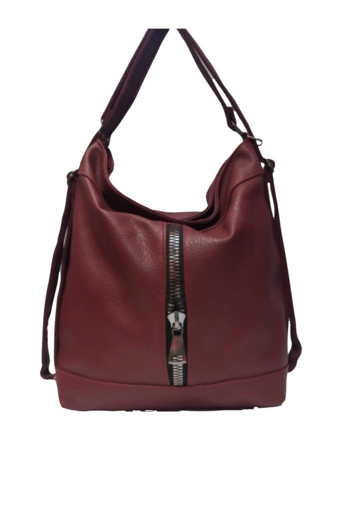 DZC KUZENLER AVM Beyaz Yumuşak Deri Kadın Dik Fermuarlı Çok Amaçlı Sırt Ve Omuz Çantası BORDO