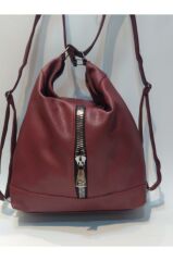 DZC KUZENLER AVM Beyaz Yumuşak Deri Kadın Dik Fermuarlı Çok Amaçlı Sırt Ve Omuz Çantası BORDO